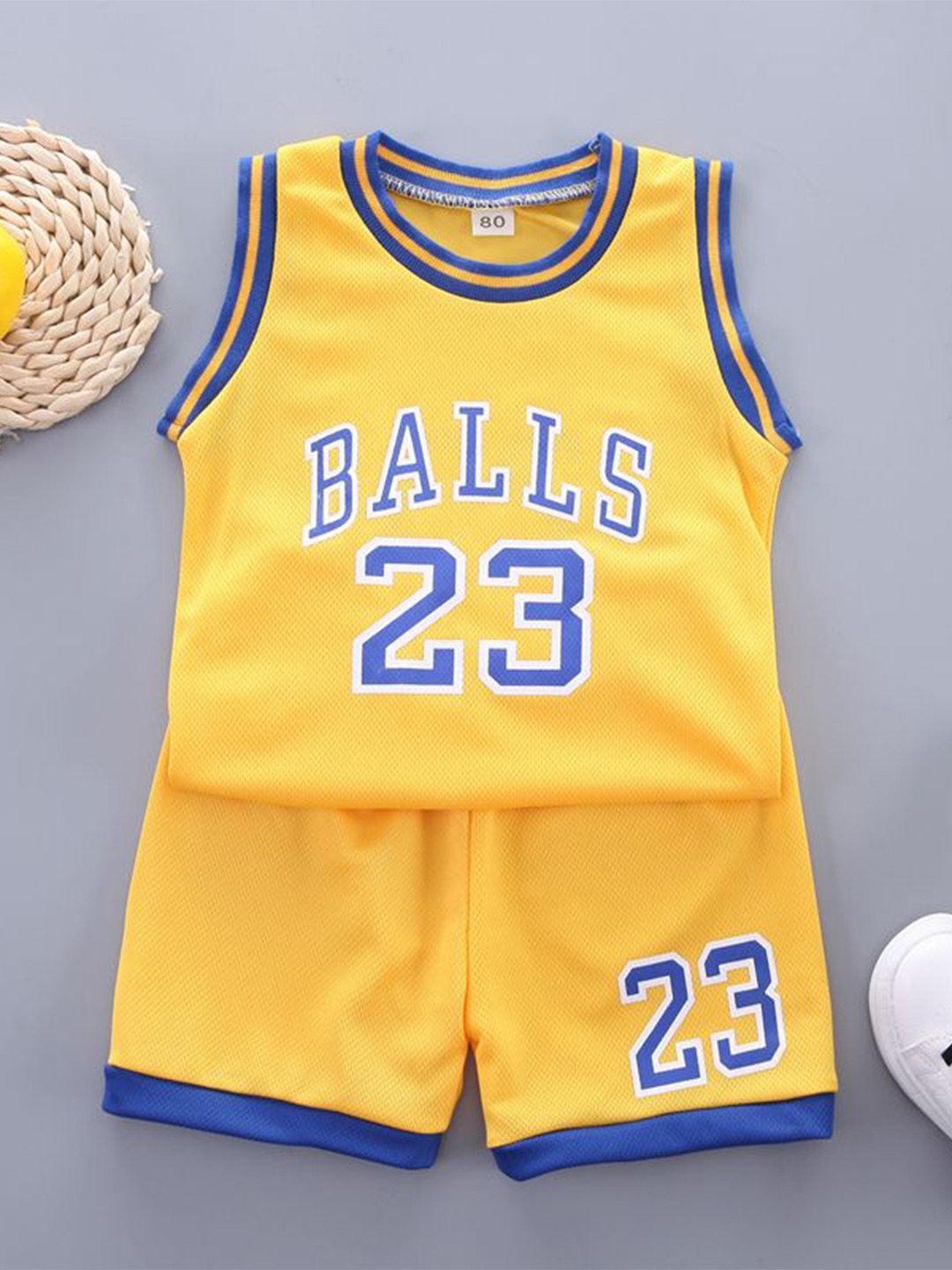 

StyleCast x Revolte Boys Yellow & Blue Round Neck Sleeveless Printed T-shirt with Shorts