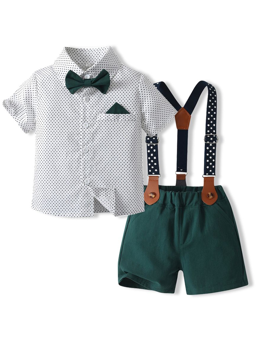 

StyleCast x Revolte Boys Green & White Printed Shirt & Shorts With Suspenders