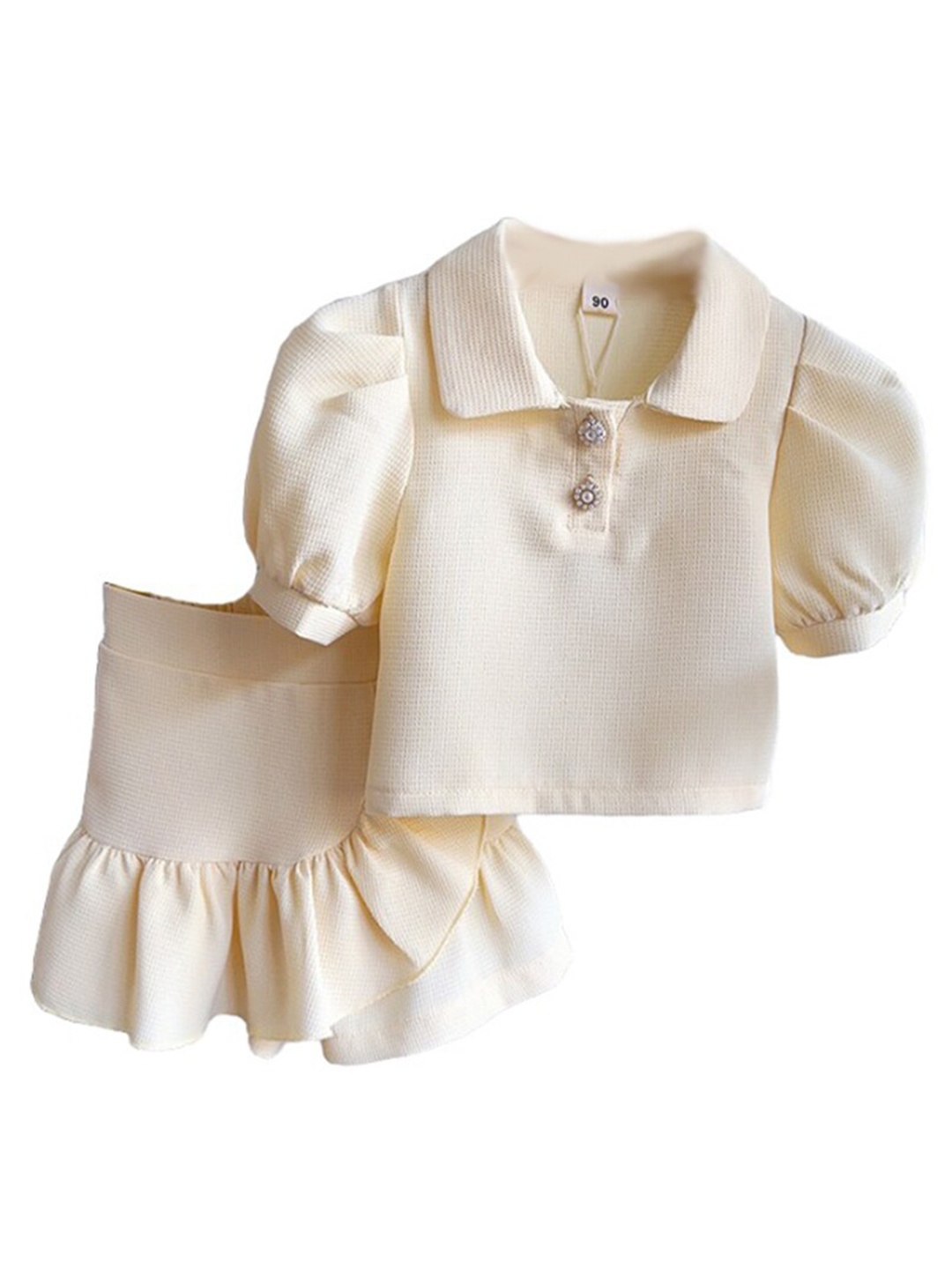 

StyleCast x Revolte Girls Beige Self Design Polo Collar Puff Sleeves Top With Tulip Shorts