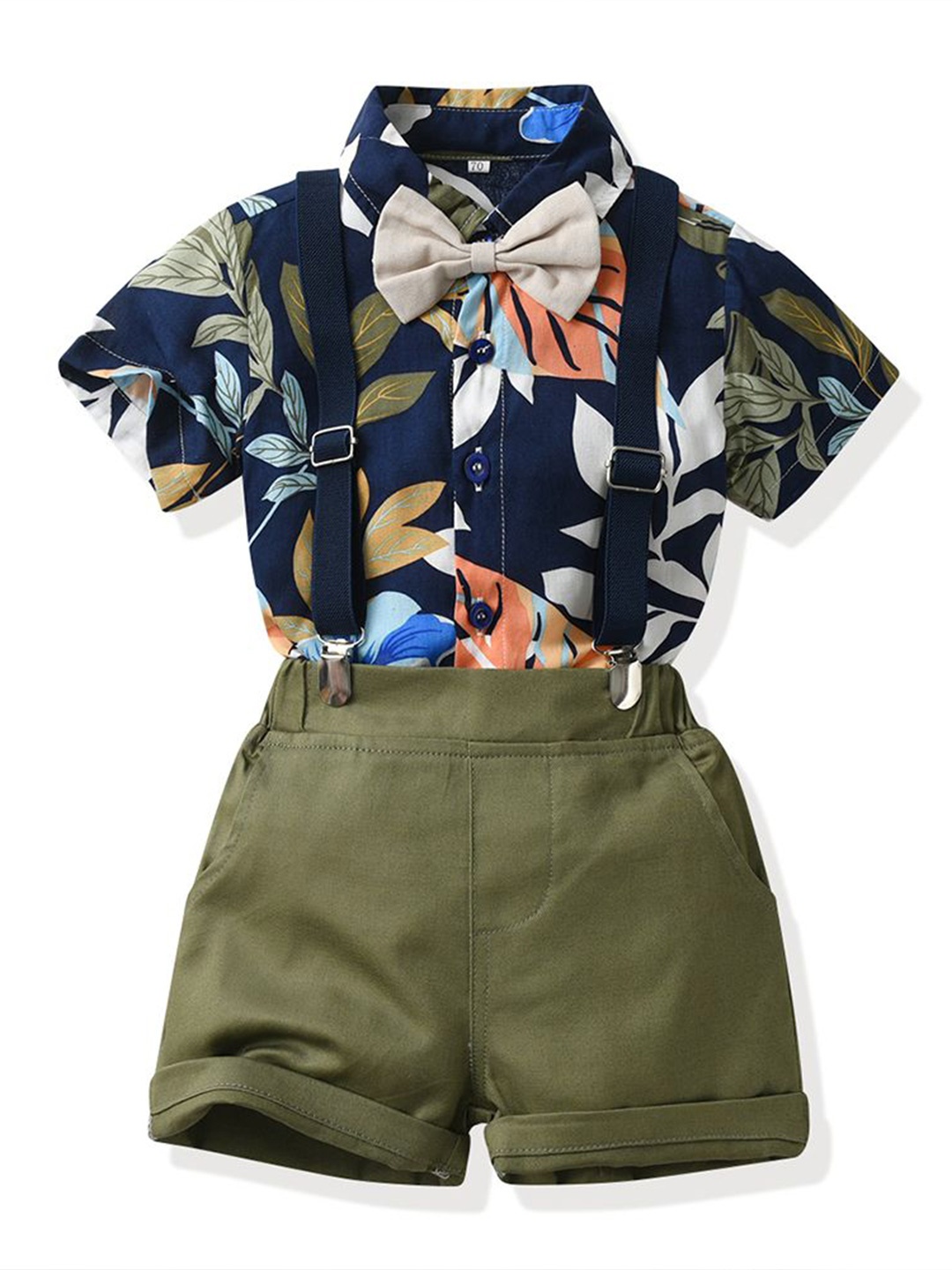 

StyleCast x Revolte Boys Navy Blue Floral Printed Cotton Shirt With Shorts & Suspender