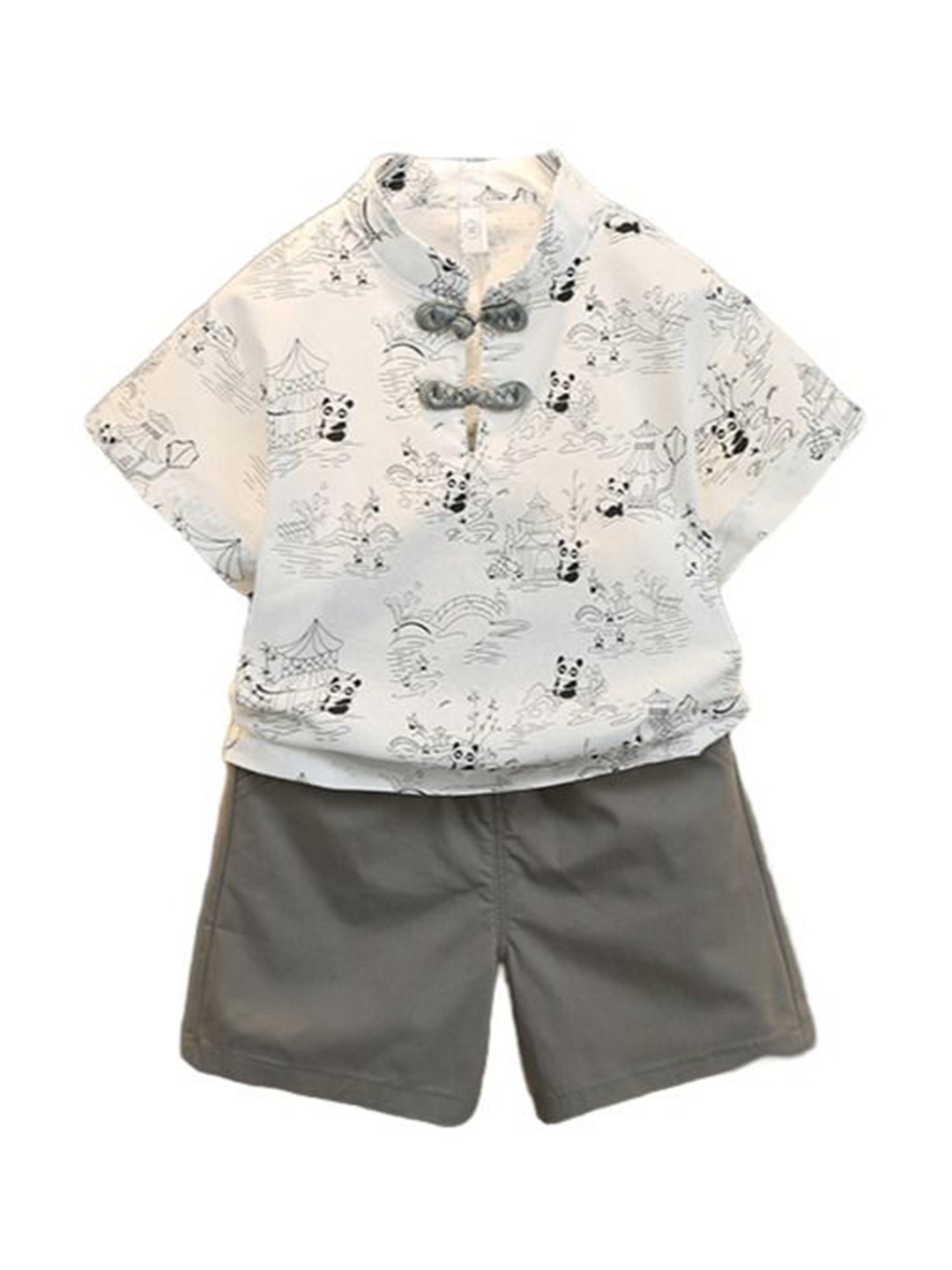 

StyleCast x Revolte Boys Printed Mandarin Collar Pure Cotton Shirt with Shorts, Grey