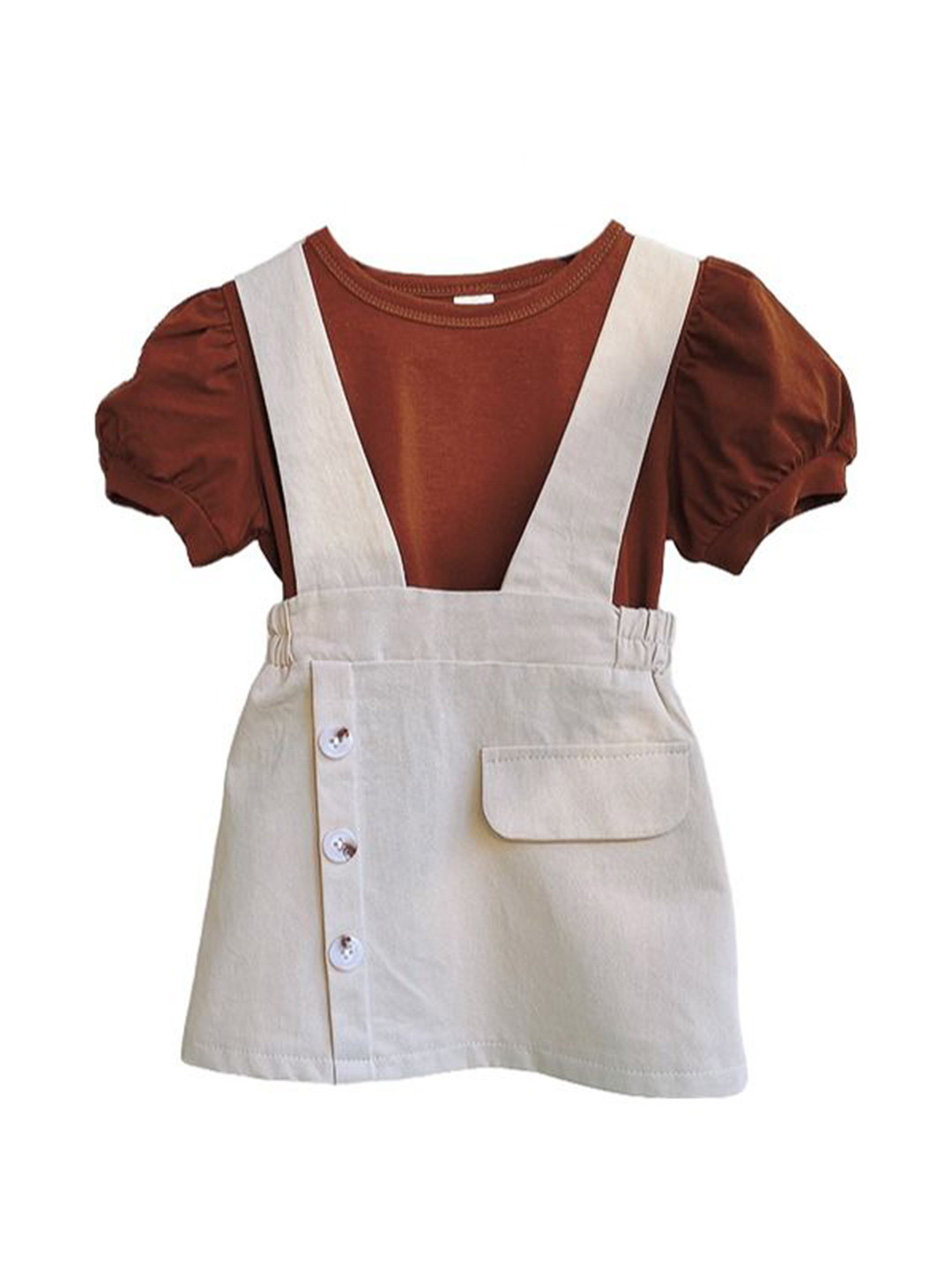 

StyleCast x Revolte Girls Puff Sleeves Pure Cotton Top with Shorts with suspenders, Brown