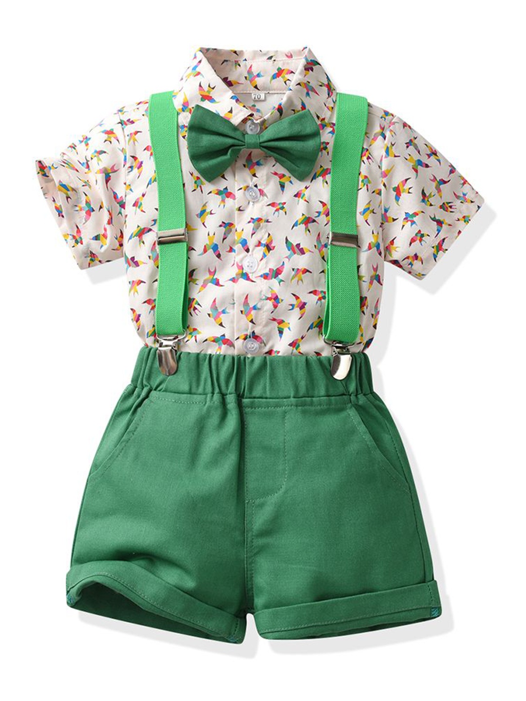 

StyleCast x Revolte Boys Conversational Printed Pure Cotton Shirt with Shorts & Suspenders, Green