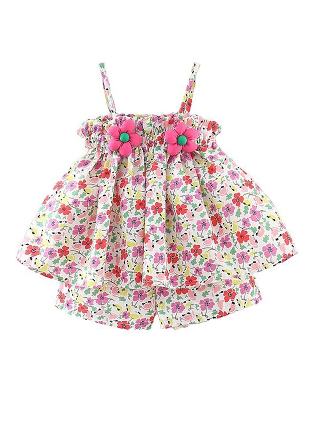 

StyleCast x Revolte Girls White Floral Printed Shoulder Straps Pure Cotton Top With Shorts
