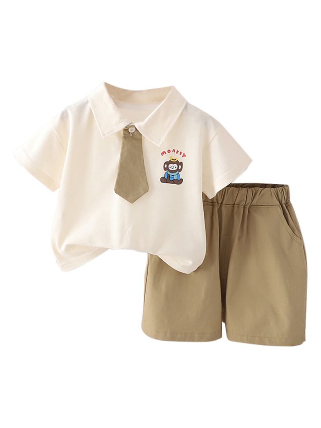 

StyleCast x Revolte Boys Beige Printed Spread Collar T-shirt With Shorts