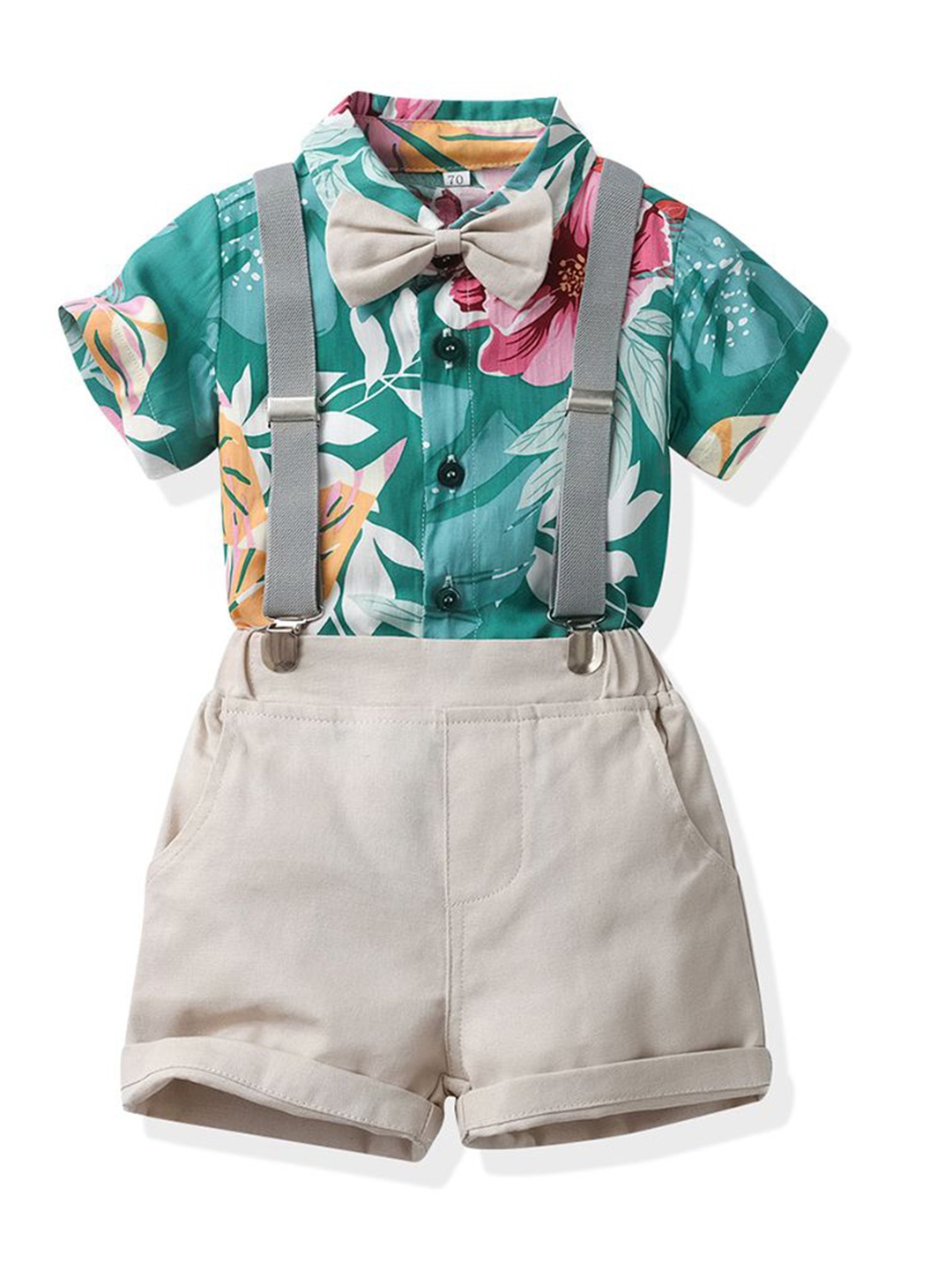 

StyleCast x Revolte Boys Green Floral Printed Pure Cotton Shirt With Shorts & Suspenders