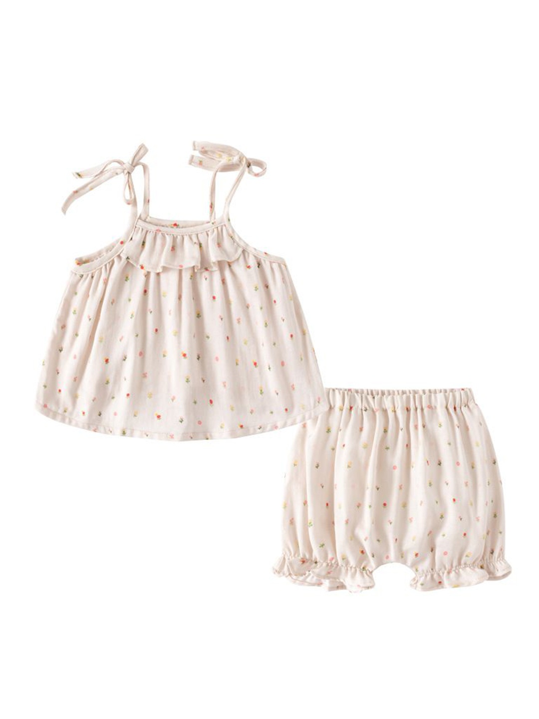 

StyleCast x Revolte Girls Beige Printed Shoulder Straps Pure Cotton Top with Shorts