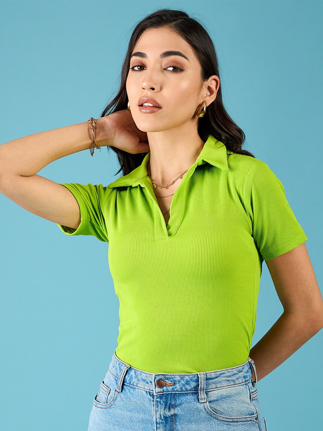 

Uptownie Ribbed Polo Bodysuit, Green