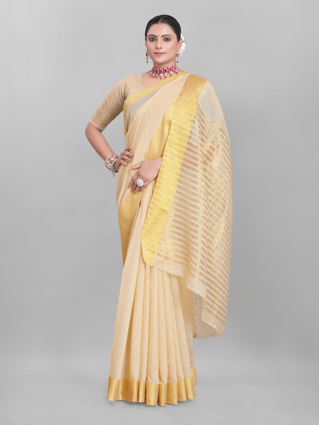 

MAGNEITTA Zari Organza Banarasi Saree, Beige