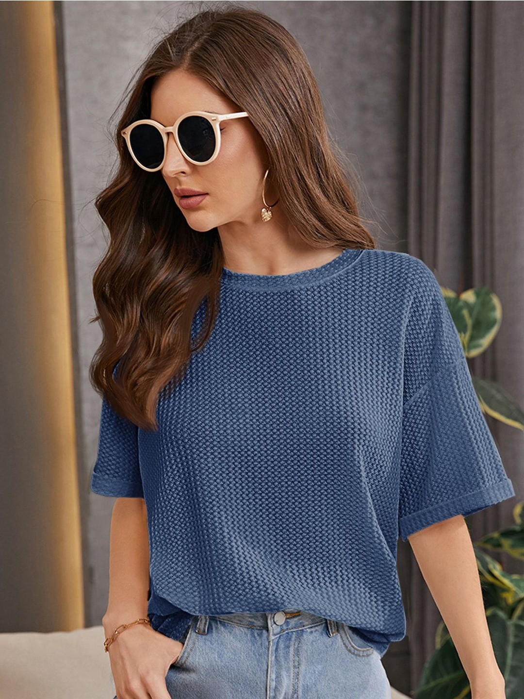 

R Cube Women Self Design Round Neck Oversized T-shirt, Blue