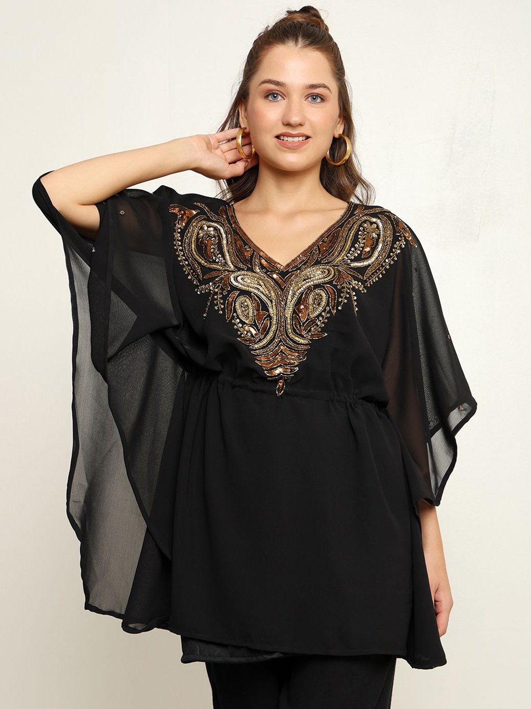 

CRAFTBAZAR Floral Embroidered V-Neck Flared Sleeves Gotta Patti Gotta Patti Kaftan Kurti, Black