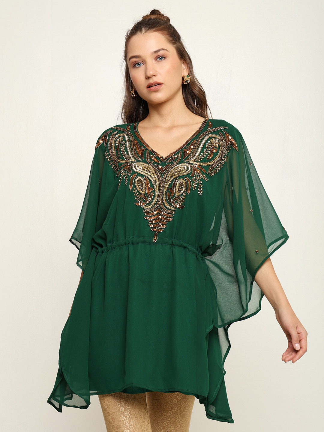

CRAFTBAZAR Bling Collection Gotta Patti Embroidered Kaftan Kurti, Green