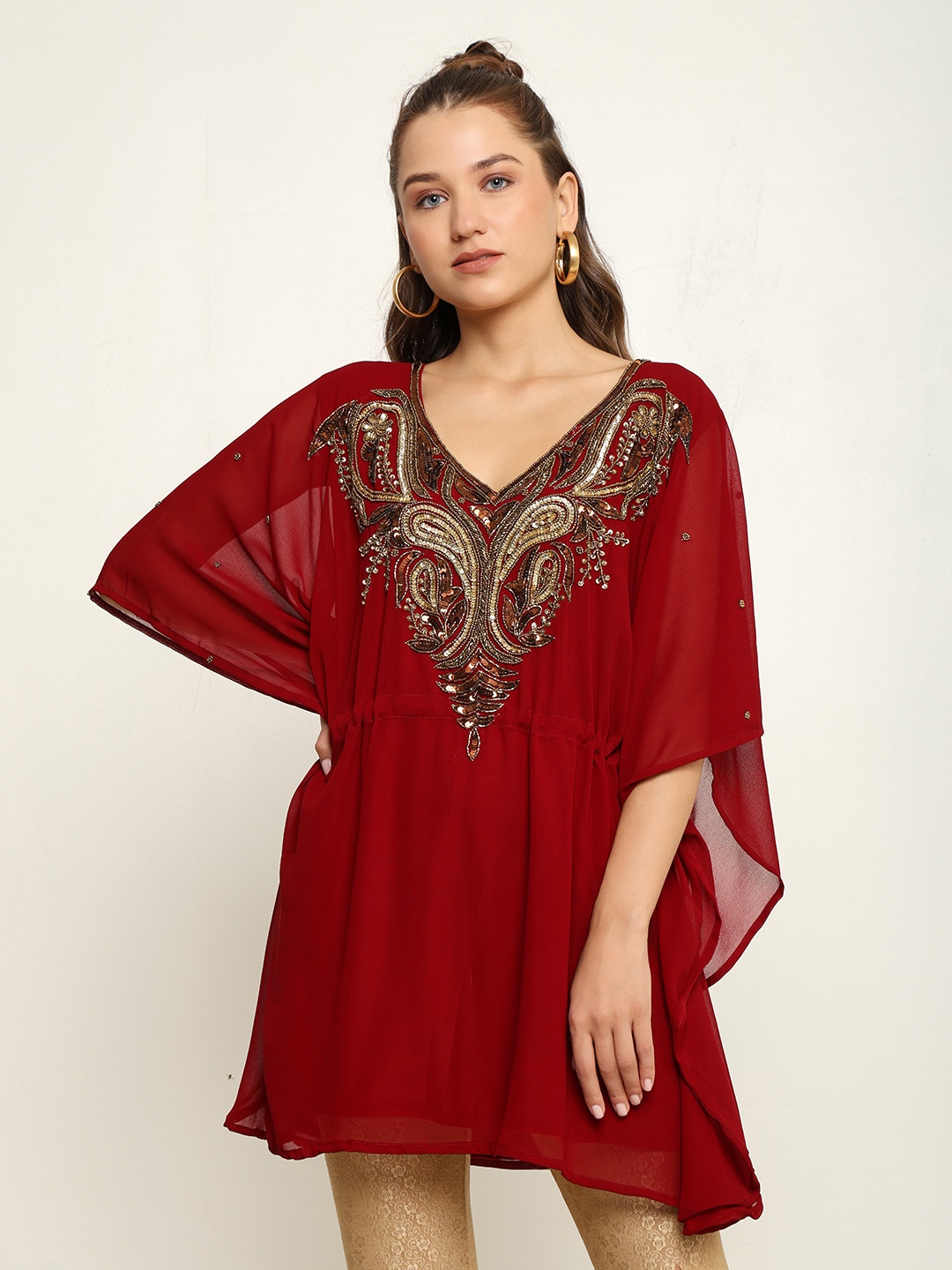 

CRAFTBAZAR Embellished V-Neck Flared Sleeves Gotta Patti Gotta Patti Kaftan Kurti, Maroon