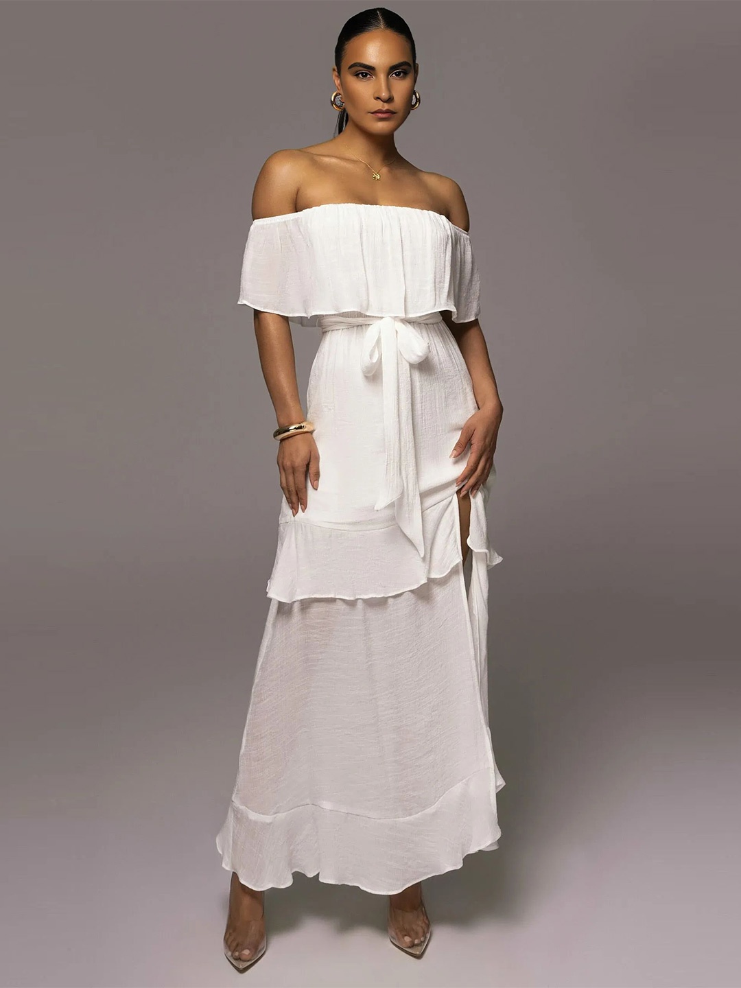 

Bee Boe Off-Shoulder Cape Sleeves Maxi Dress, White