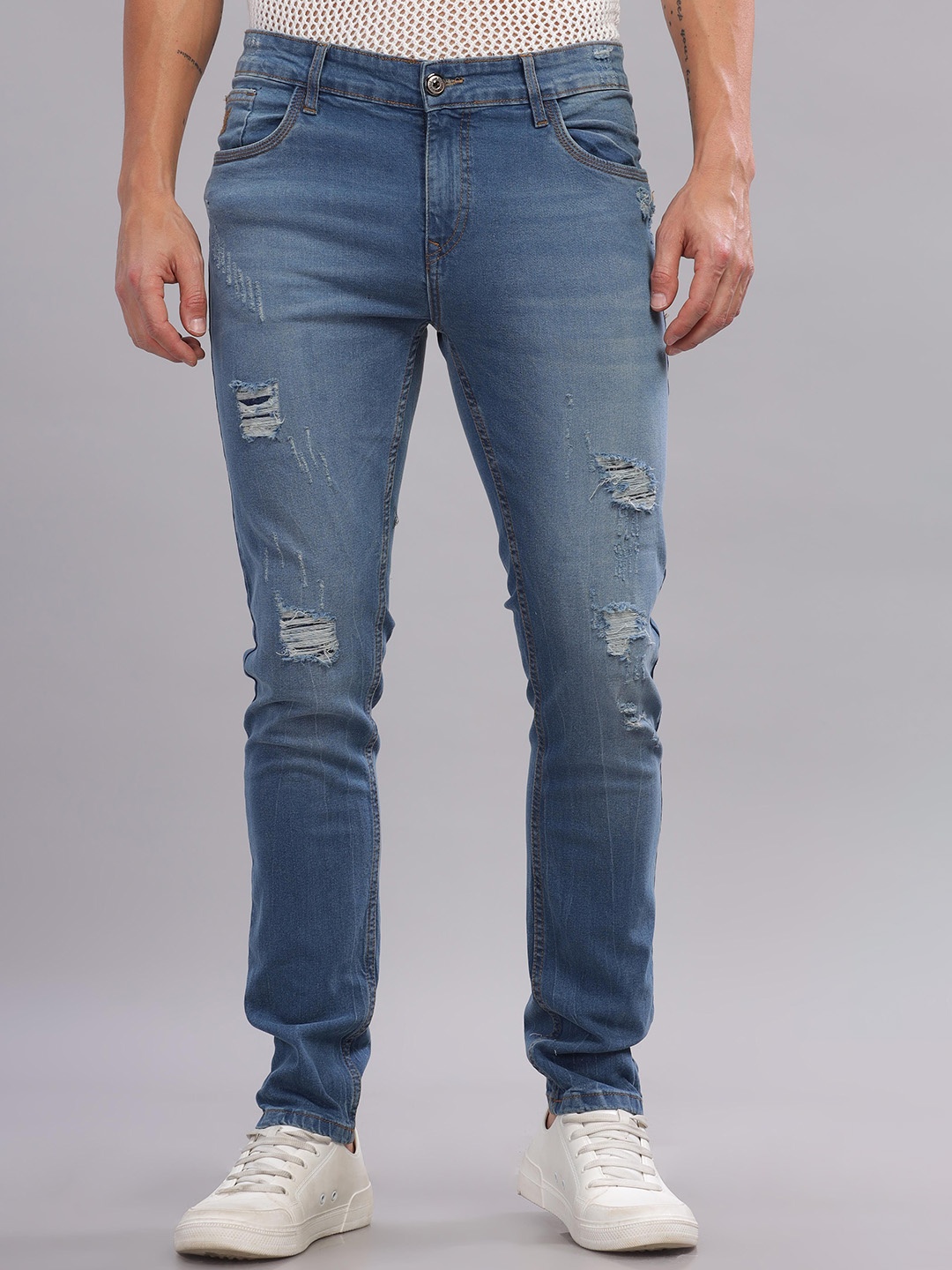 

TOMHIDDLE Men Slim Fit Mid-Rise Ripped Mildly Distressed Light Fade Pure Cotton Jeans, Blue