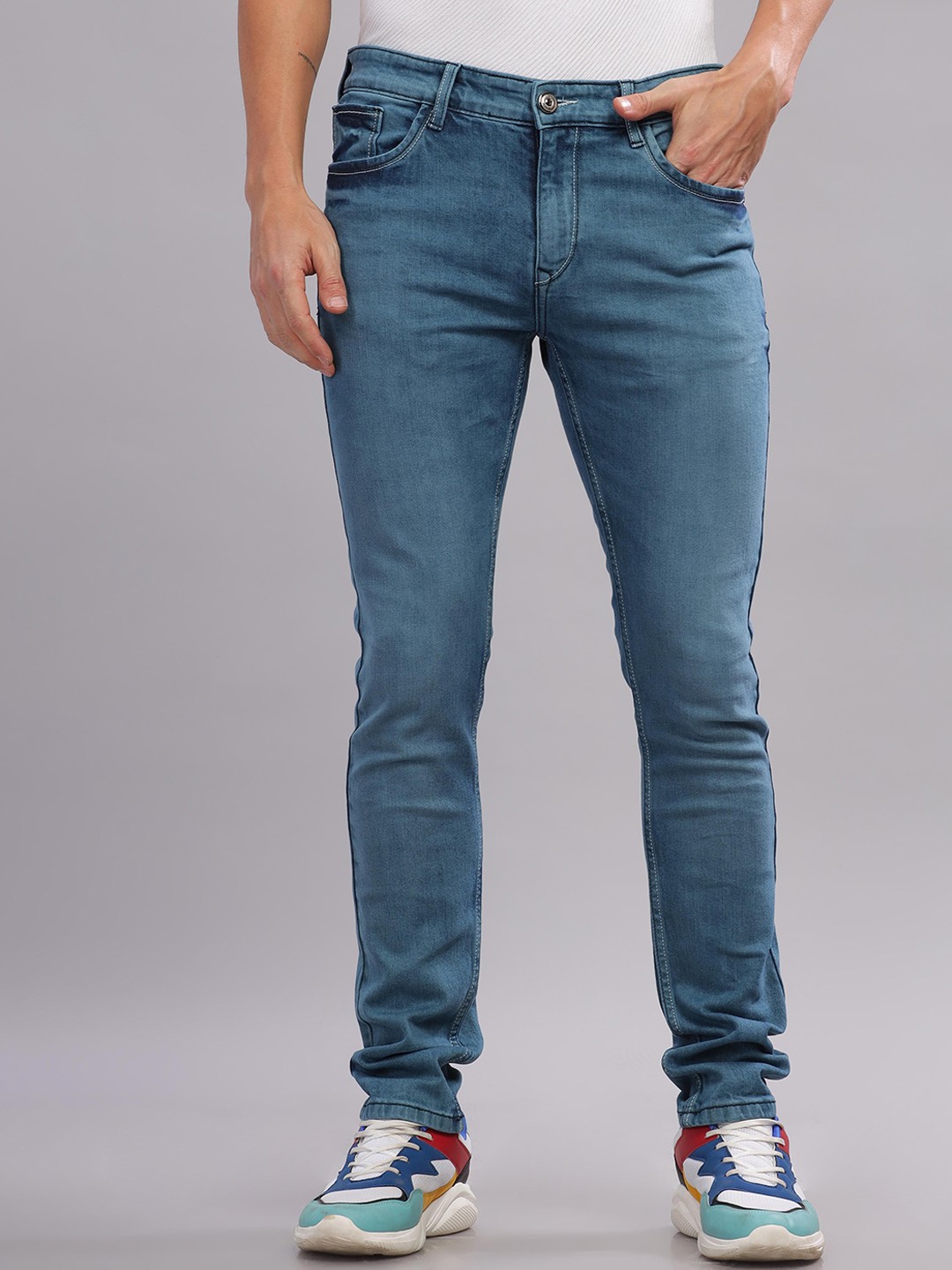 

TOMHIDDLE Men Slim Fit Clean Look Light Faded Pure Cotton Jeans, Blue
