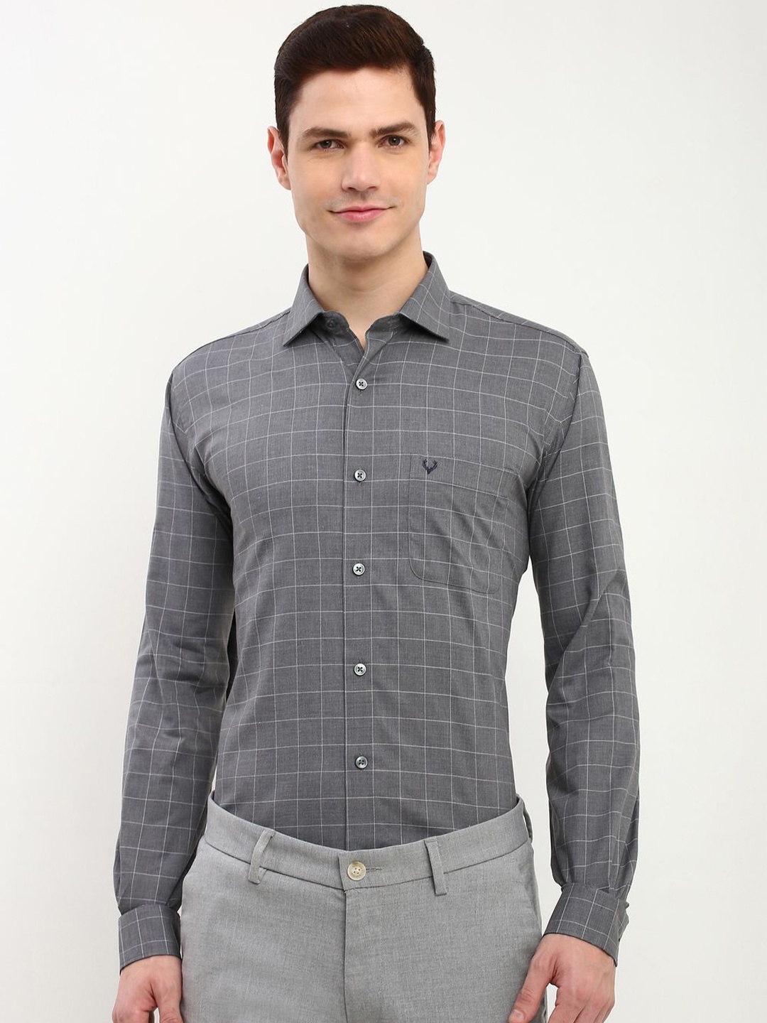 

Allen Solly Men Slim Fit Checked Pure Cotton Casual Shirt, Grey
