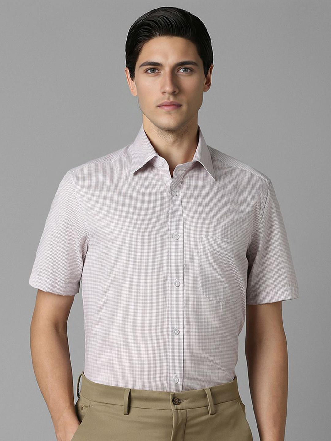 

Louis Philippe Men Spread Collar Checked Pure Cotton Formal Shirt, Beige