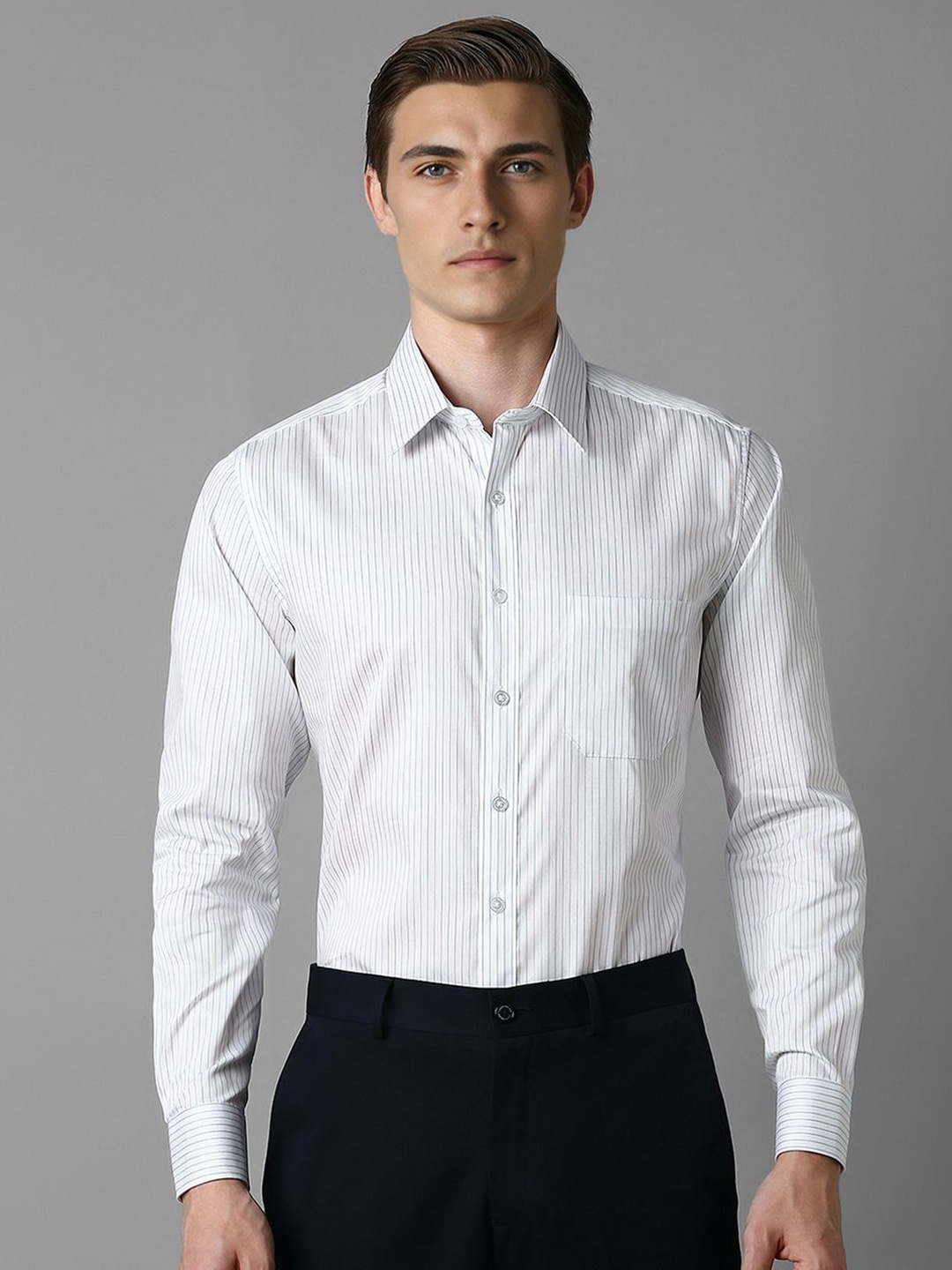

Louis Philippe Men Spread Collar Slim Fit Pure Cotton Striped Formal Shirt, White