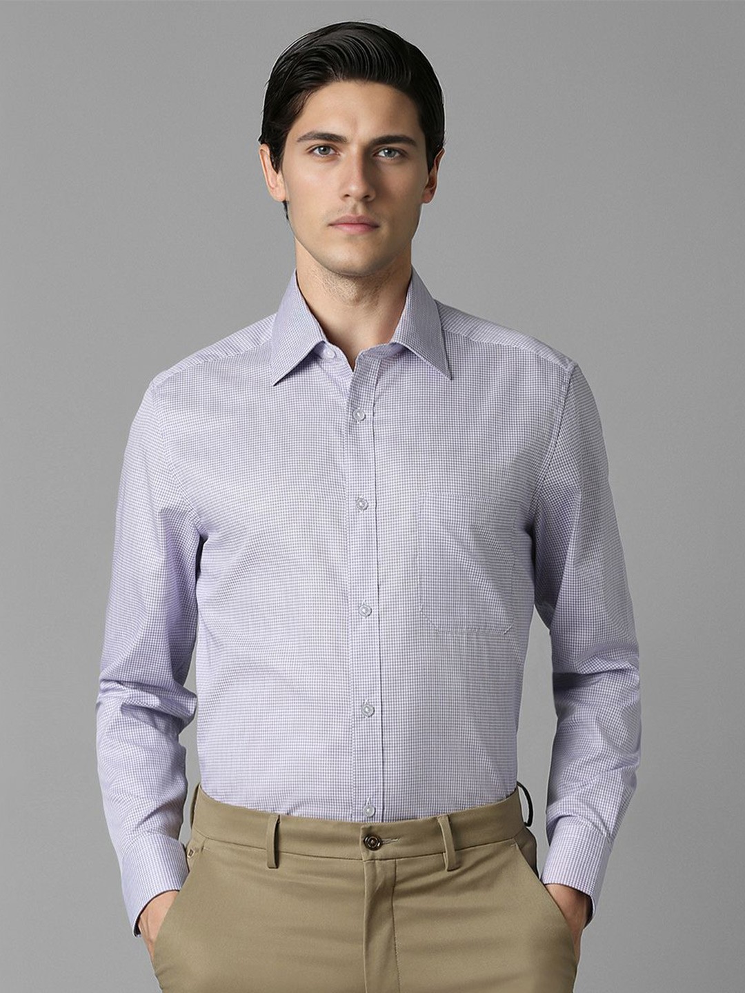 

Louis Philippe Men Micro Checks Spread Collar Formal Pure Cotton Shirt, Purple