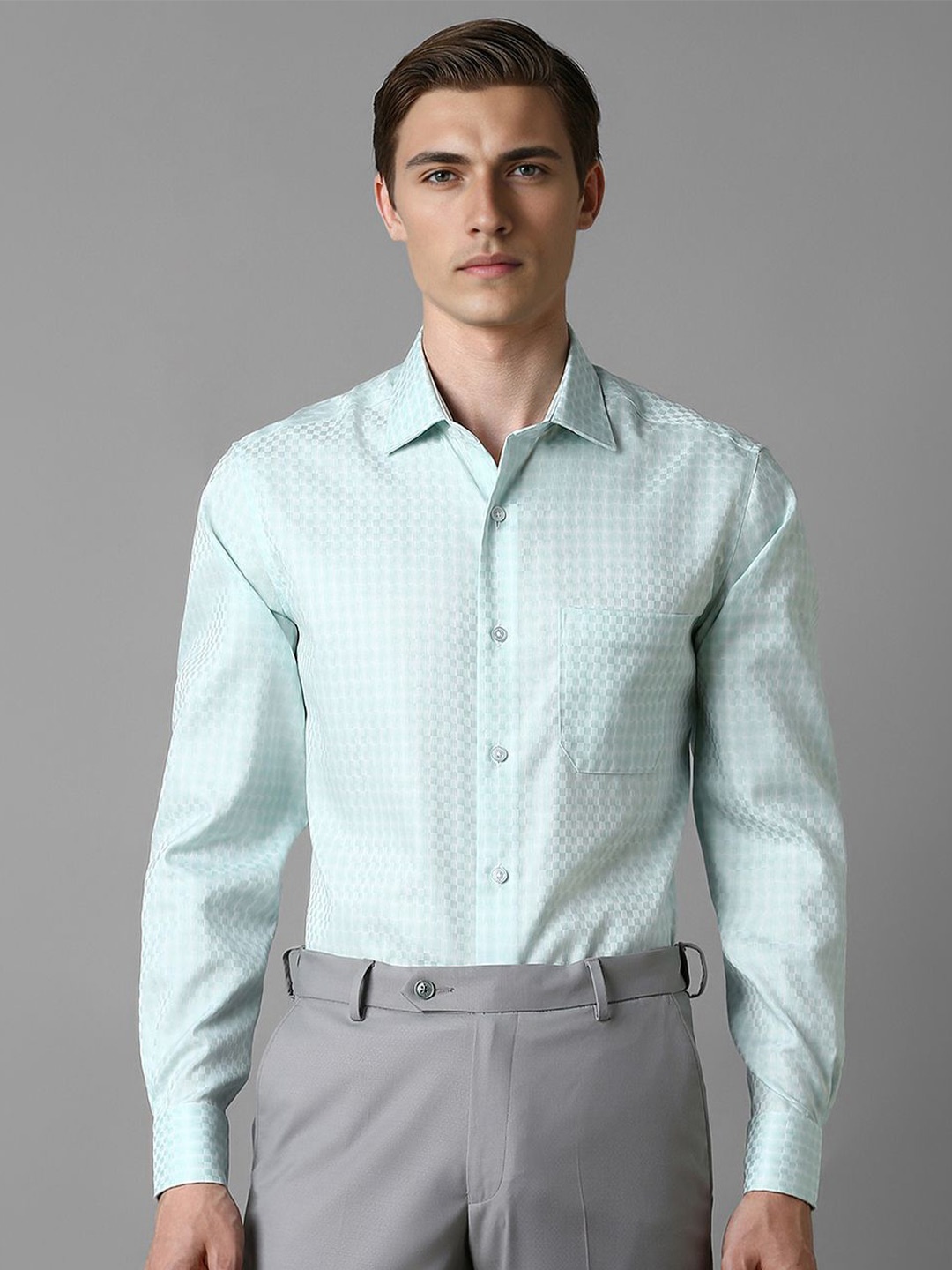 

Louis Philippe Men Micro Checks Spread Collar Formal Pure Cotton Shirt, Green