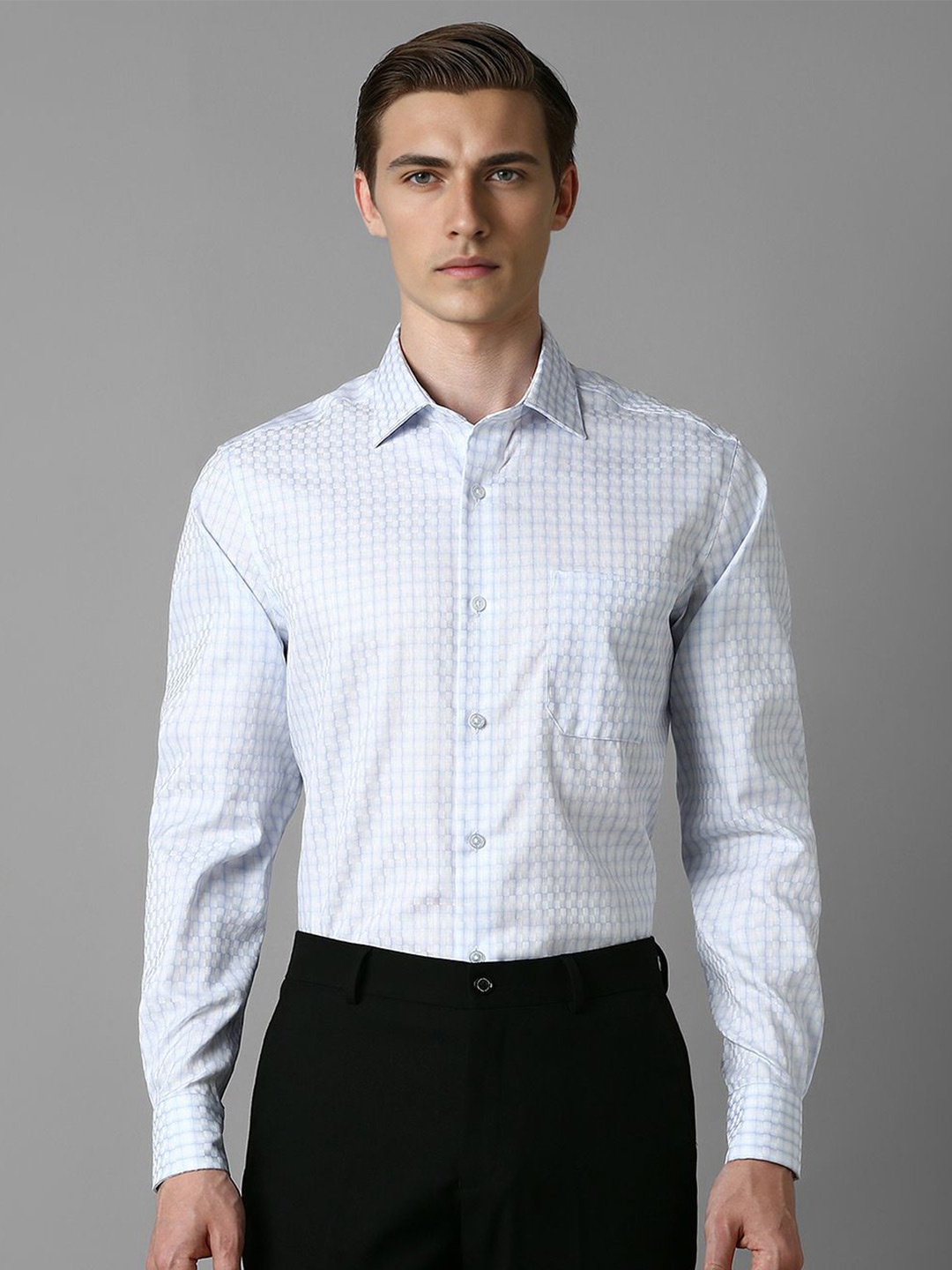 

Louis Philippe Men Spread Collar Checked Pure Cotton Formal Shirt, Blue