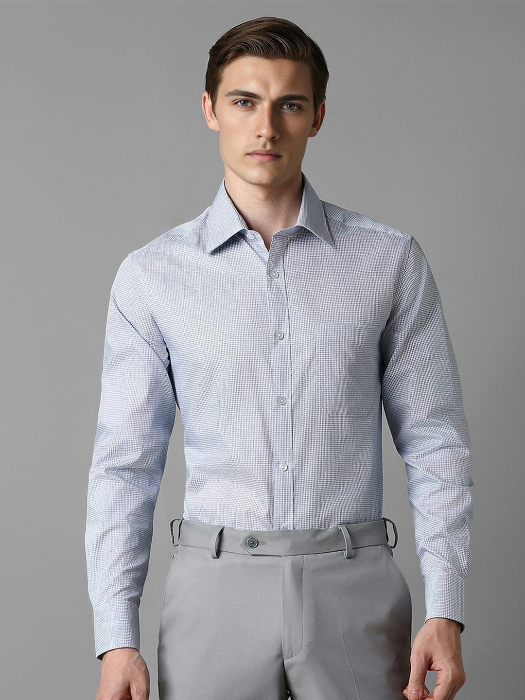 

Louis Philippe Men Micro Checks Spread Collar Formal Pure Cotton Shirt, Blue