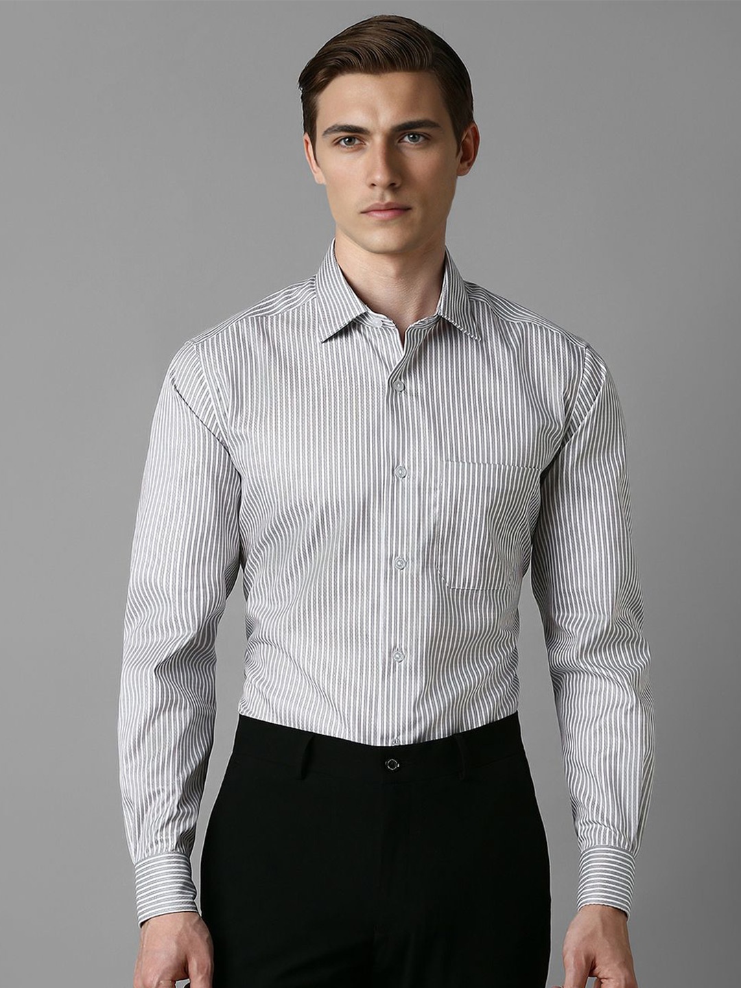 

Louis Philippe Men Spread Collar Striped Pure Cotton Formal Shirt, Grey
