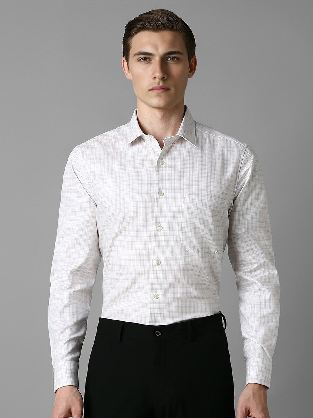 

Louis Philippe Men Spread Collar Slim Fit Checked Pure Cotton Formal Shirt, White
