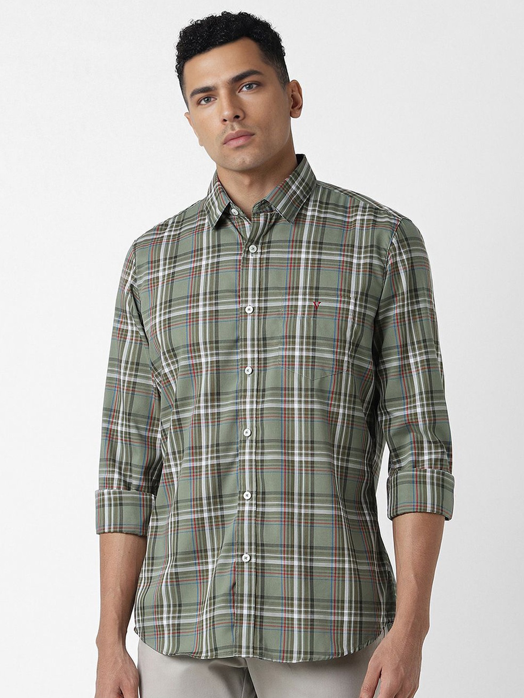 

Van Heusen Sport Men Slim Fit Tartan Checks Pure Cotton Casual Shirt, Olive