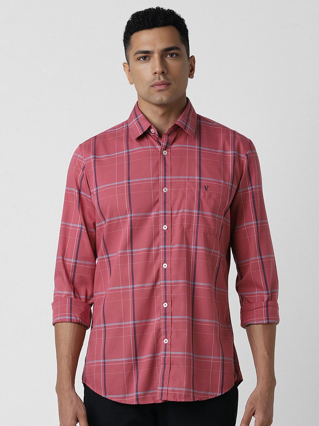 

Van Heusen Sport Men Tartan Checks Spread Collar Pocket Casual Cotton Slim Fit Shirt, Pink