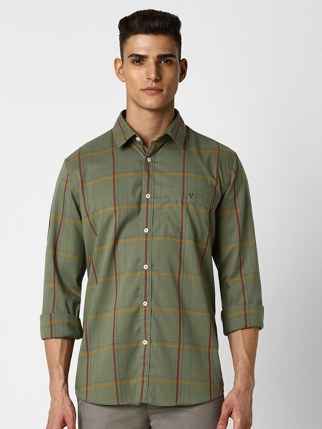 

Van Heusen Sport Men Tartan Checks Spread Collar Pocket Cotton Casual Slim Fit Shirt, Olive