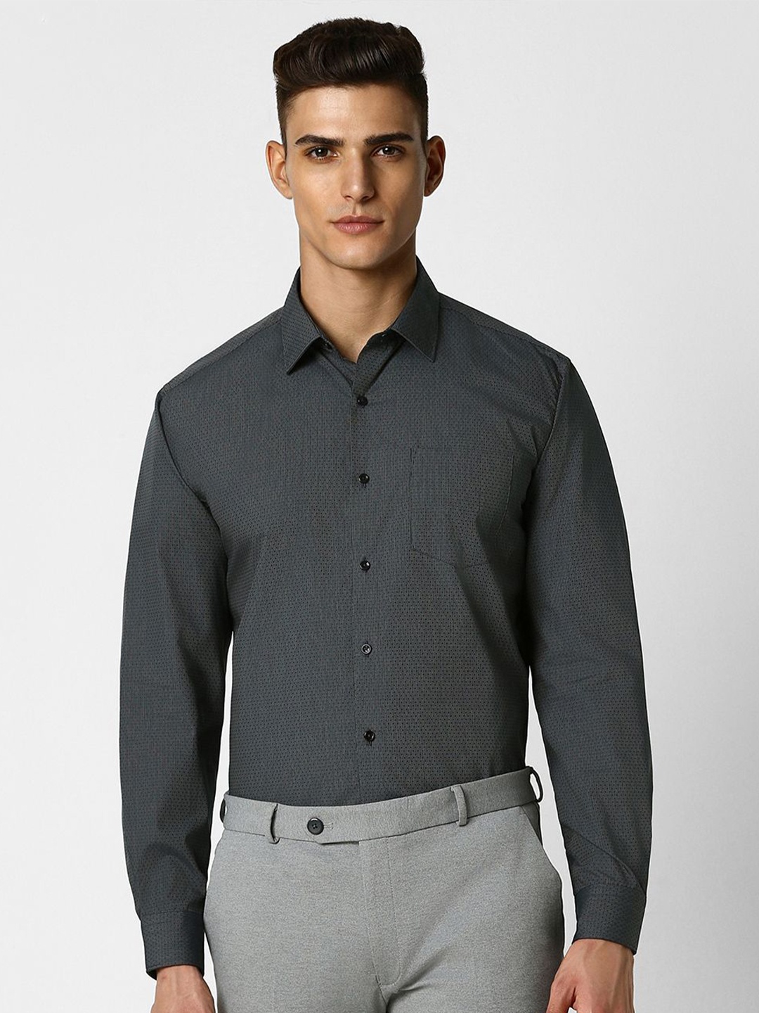 

Van Heusen Men Micro Ditsy Printed Spread Collar Pocket Cotton Party Shirt, Grey