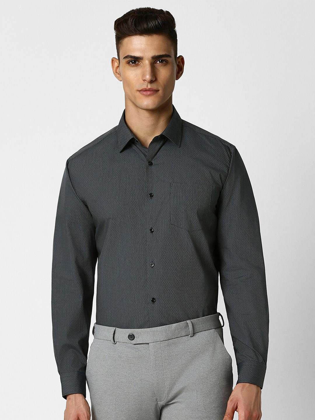 

Van Heusen Men Opaque Micro Ditsy Printed Spread Collar Party Pure Cotton Shirt, Grey