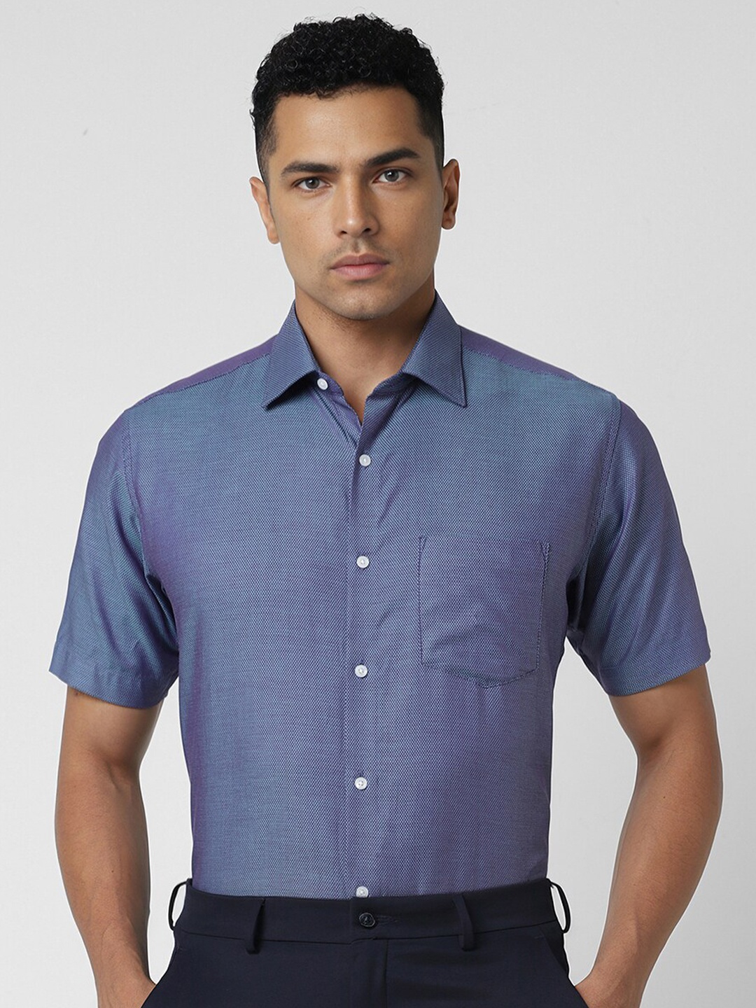 

Van Heusen Men Solid Textured Spread Collar Pocket Cotton Party Shirt, Blue