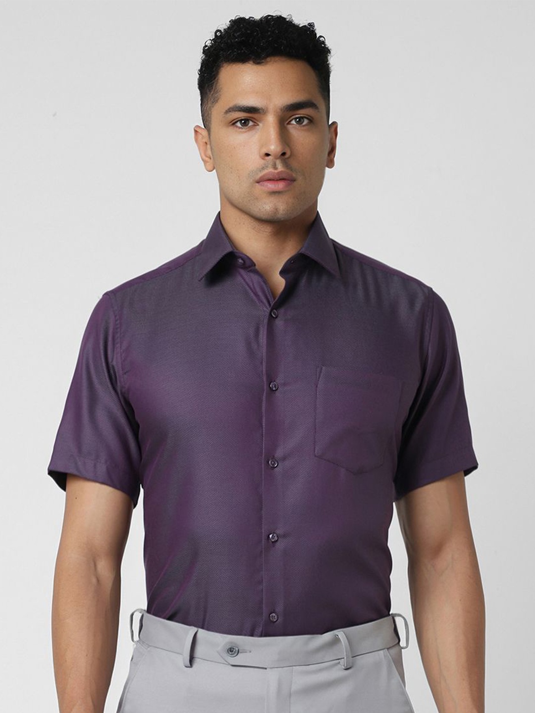 

Van Heusen Men Opaque Textured Spread Collar Party Pure Cotton Shirt, Purple