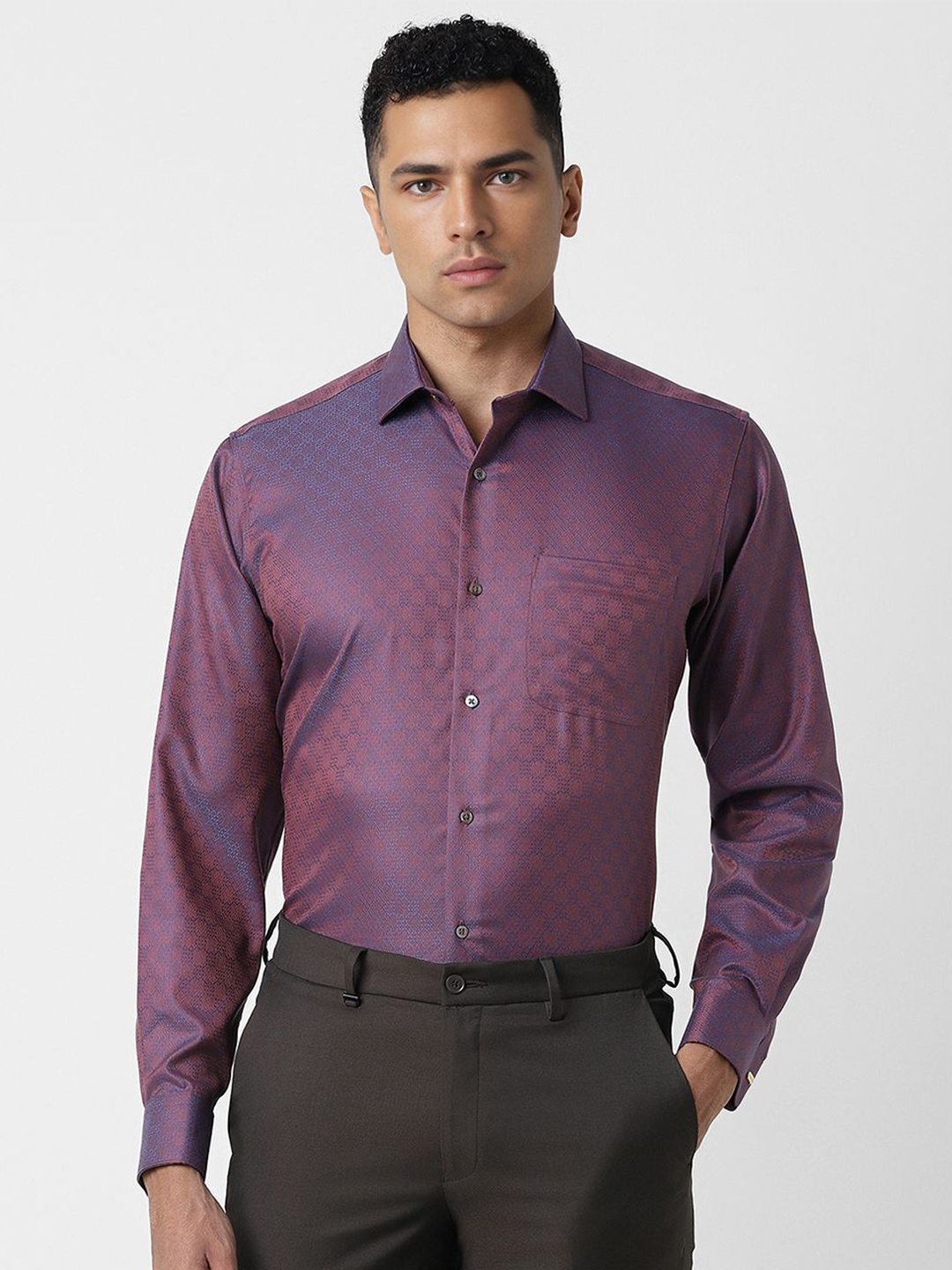 

Van Heusen Men Opaque Textured Spread Collar Formal Pure Cotton Shirt, Purple