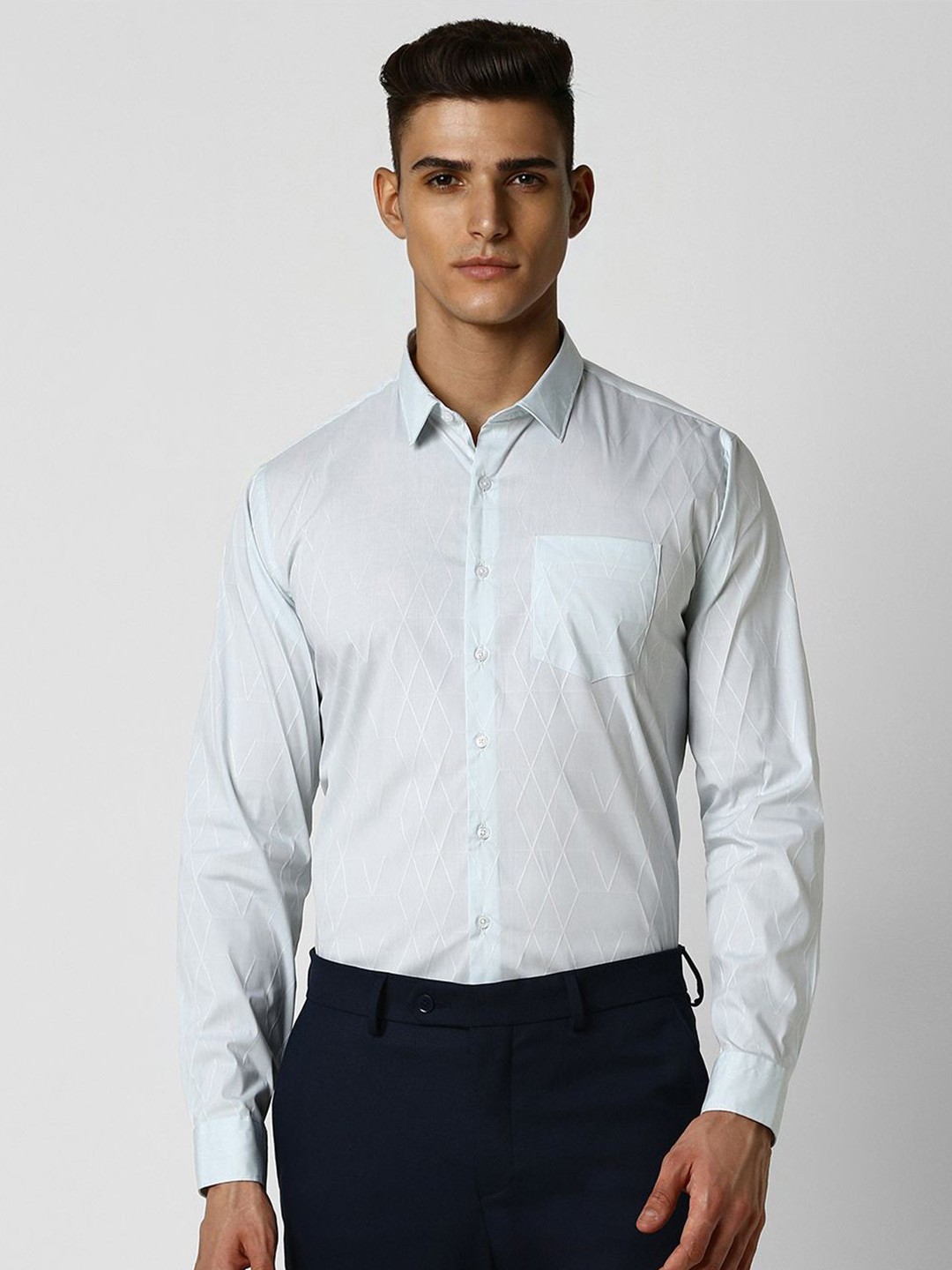

Van Heusen Men Opaque Geometric Printed Spread Collar Formal Shirt, Blue