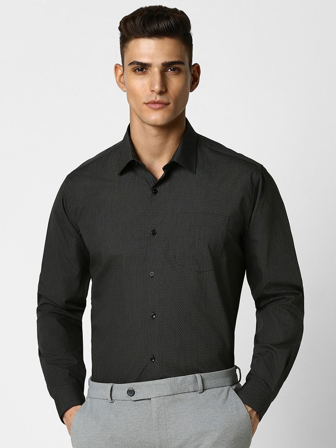 

Van Heusen Men Opaque Abstract Printed Spread Collar Party Pure Cotton Shirt, Grey