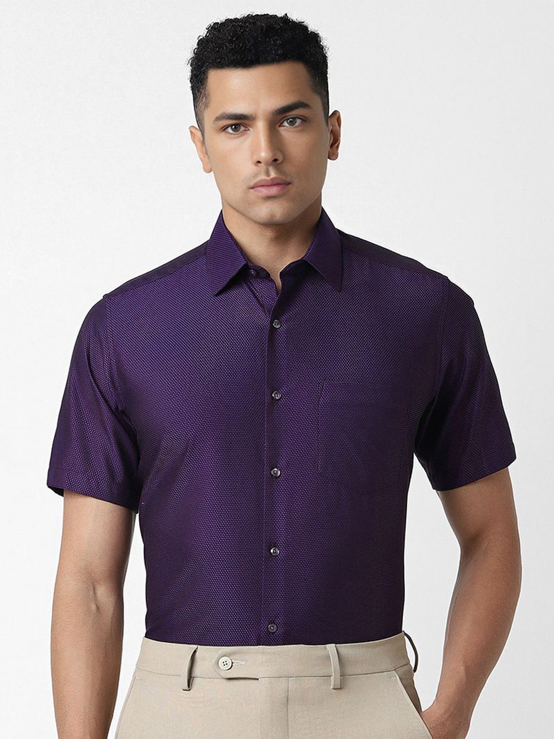 

Van Heusen Men Textured Spread Collar Cotton Party Shirt, Purple