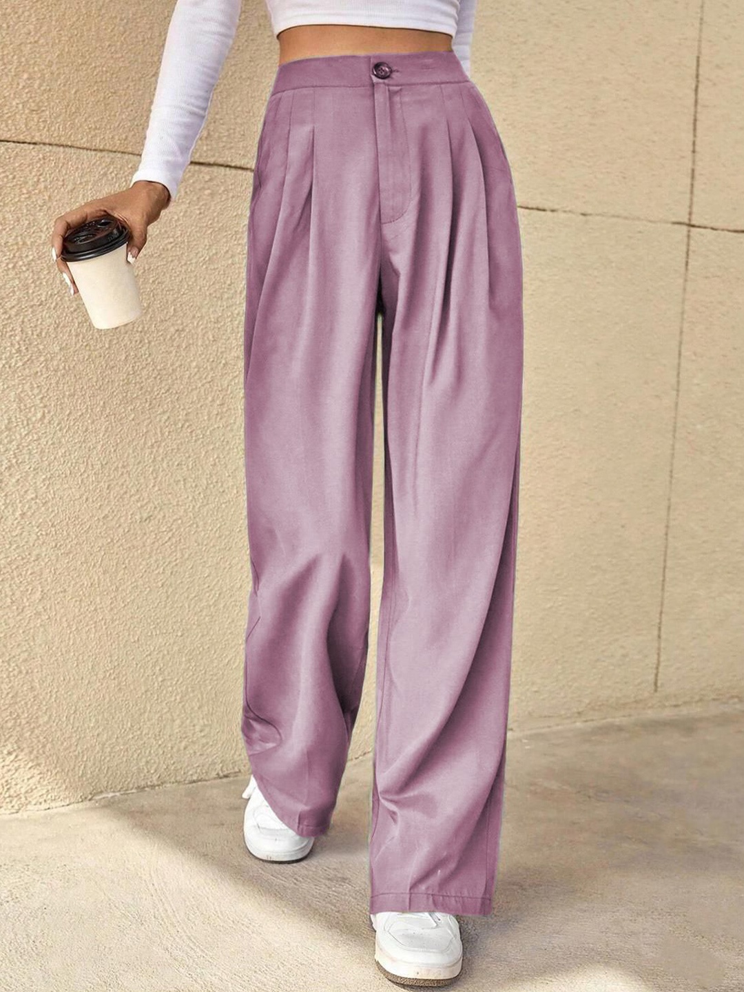 

KOTTY BIZwear Women Straight Fit High-Rise Easy Wash Pleated Trousers, Pink