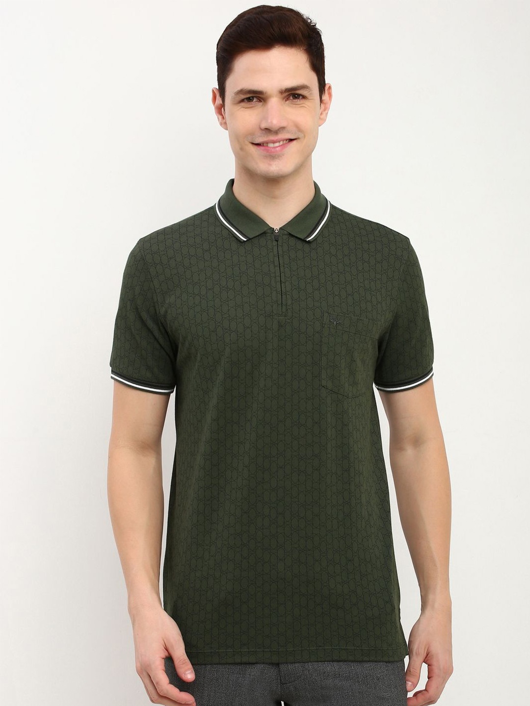

Allen Solly Men Geometric Printed Polo Collar Pockets T-shirt, Olive