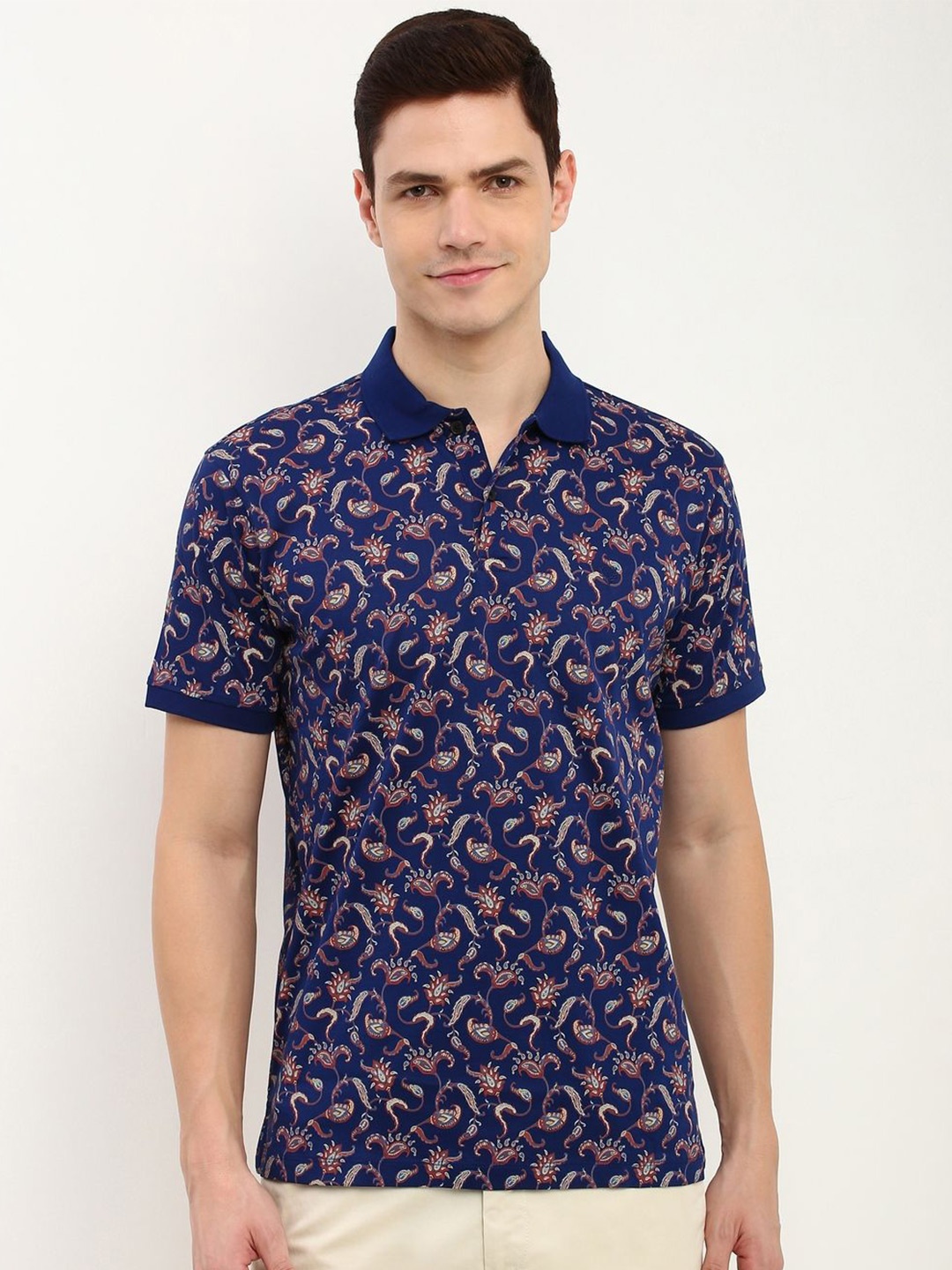 

Allen Solly Men Floral Printed Polo Collar Pure Cotton T-shirt, Navy blue