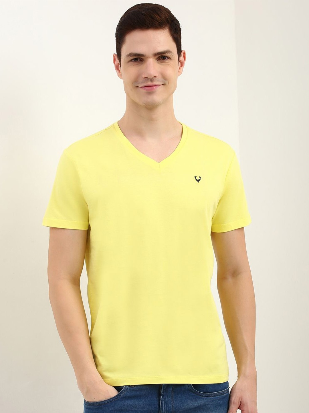 

Allen Solly Men Solid V-Neck Pure Cotton T-shirt, Yellow