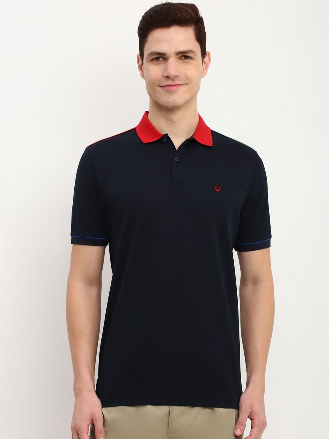 

Allen Solly Men Solid Polo Collar Pure Cotton T-shirt, Navy blue