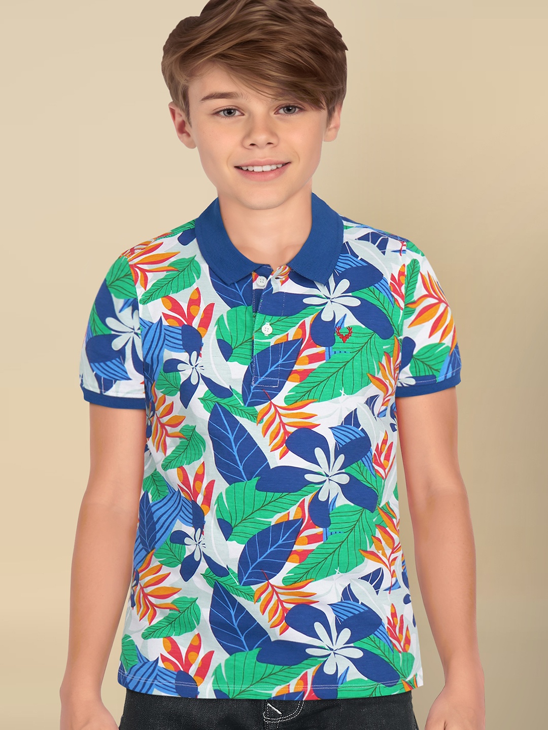 

Allen Solly Junior Boys Tropical Printed Polo Collar Cotton T-shirt, White