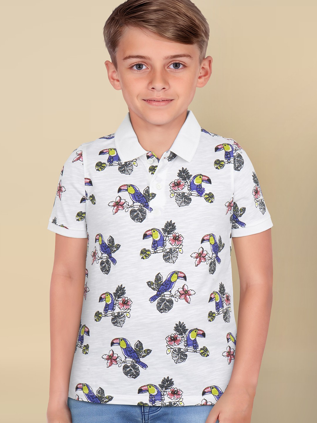 

Allen Solly Junior Boys Floral Printed Polo Collar Cotton T-shirt, White