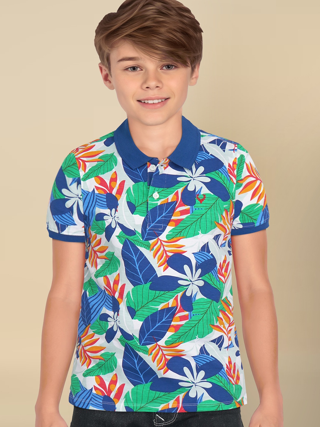 

Allen Solly Junior Boys Tropical Printed Polo Collar Cotton T-shirt, White