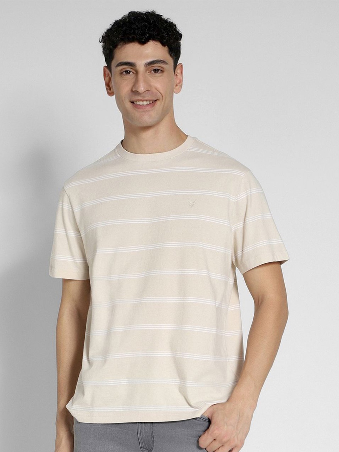 

AMERICAN EAGLE OUTFITTERS Men Striped Round Neck Cotton T-shirt, Beige