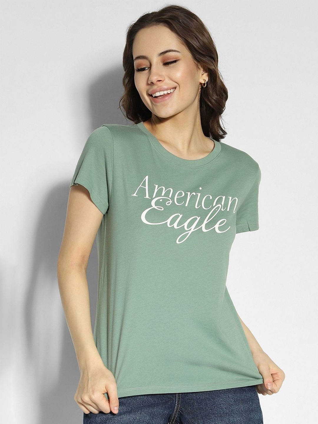 

AMERICAN EAGLE OUTFITTERS Women Typography Printed Round Neck Cotton T-shirt, Green